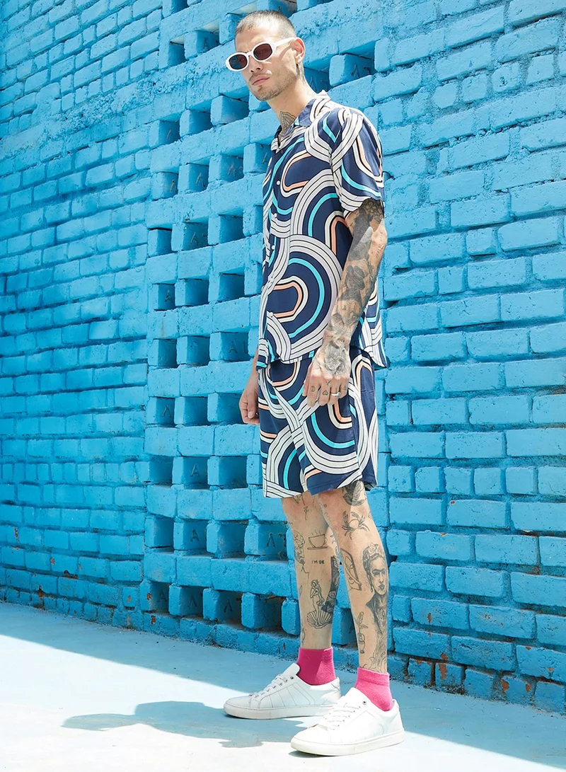 كامبوس سوترا Men's Navy Blue Contrast Print Co-Ord Set