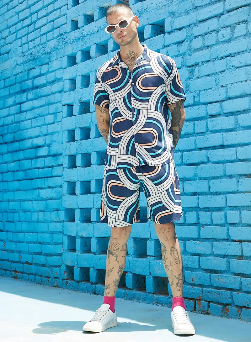 كامبوس سوترا Men's Navy Blue Contrast Print Co-Ord Set