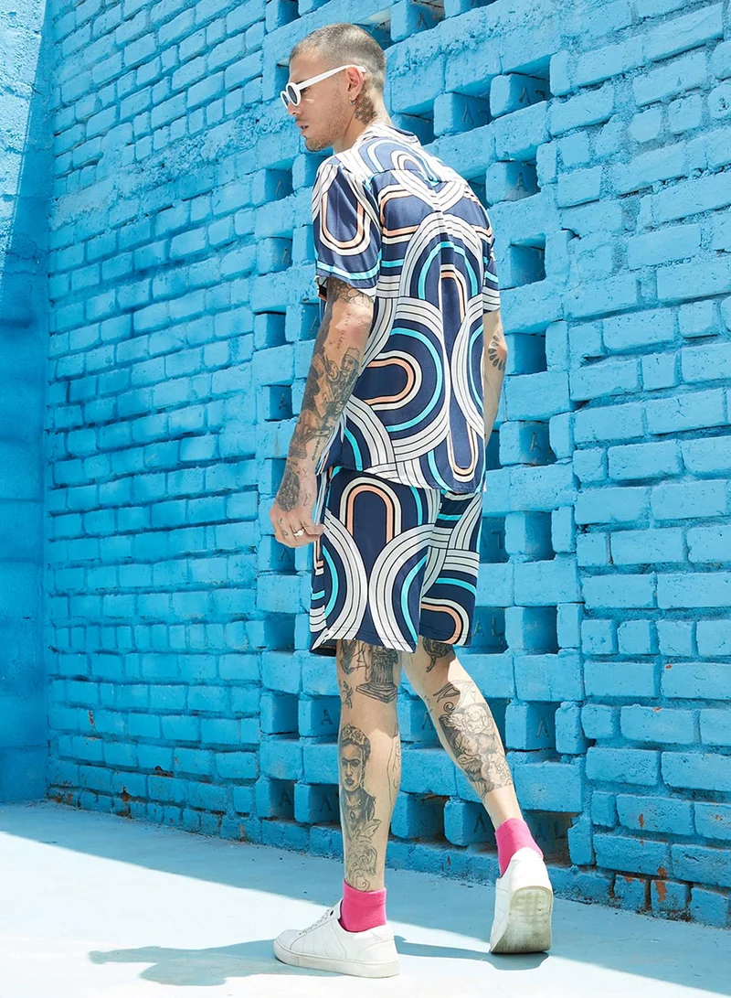 كامبوس سوترا Men's Navy Blue Contrast Print Co-Ord Set