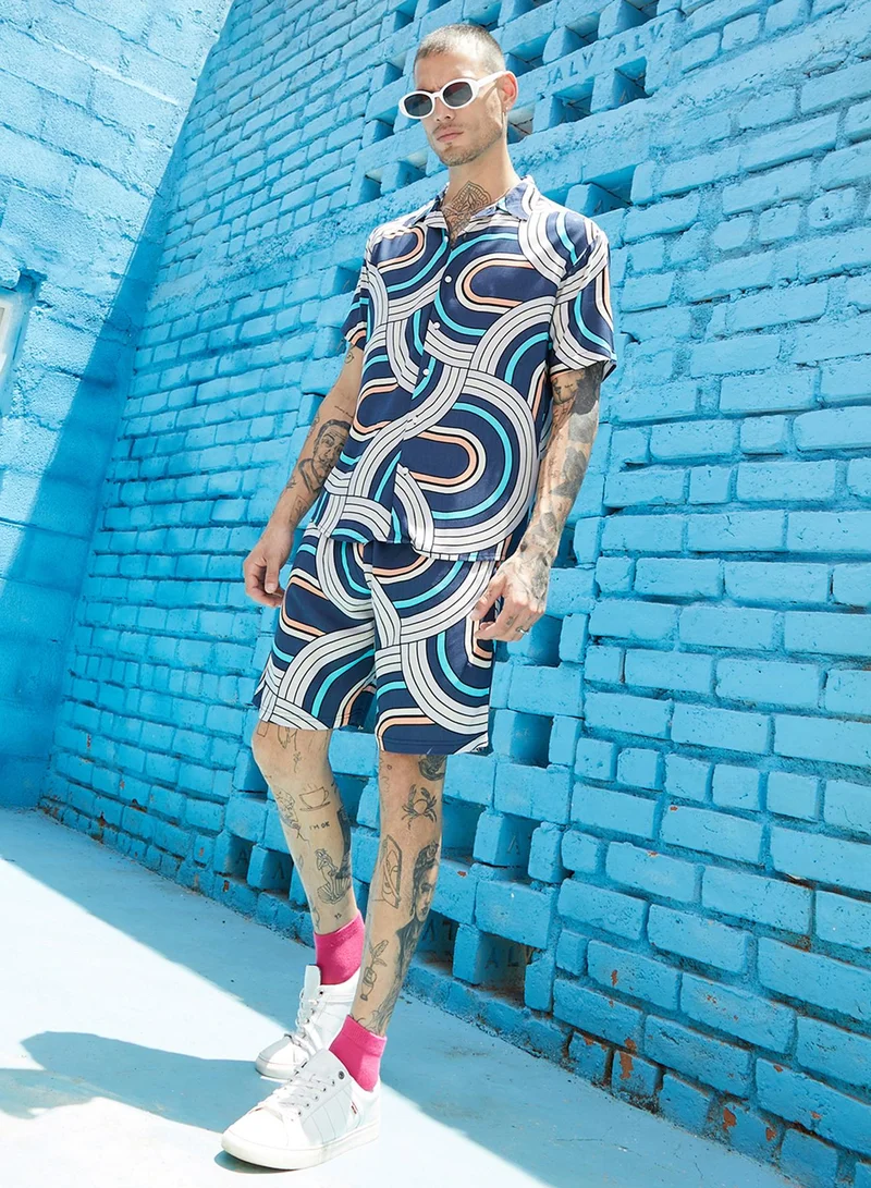 كامبوس سوترا Men's Navy Blue Contrast Print Co-Ord Set