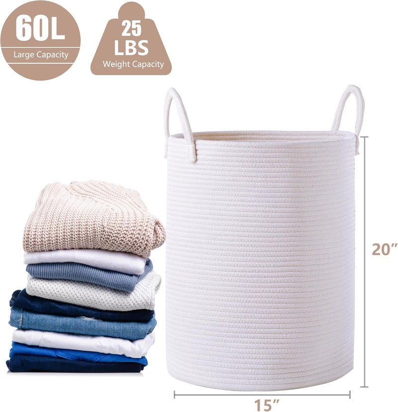 MOJOSCEND White Woven Cotton Rope Hamper Basket, 15x20 inches Tall, Large Clothes Hamper for Bedroom & College Dorm, Kids Laundry Basket - Image 5
