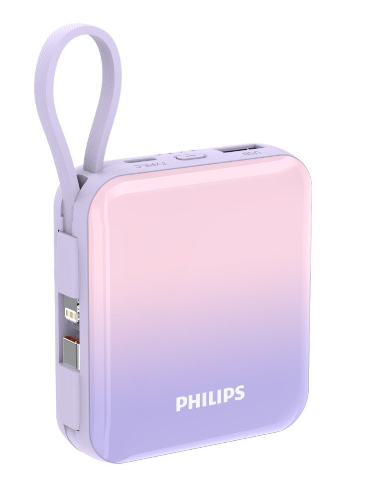 Philips Power Bank 10000mAh, 22.5W PD Fast Charging, Built-in USB-C & Lightning Cables, Compact Travel Charger, LED Display, 6-Layer Protection, Portable Charger for iPhone and Android, DLP5713CW, Pink Purple Pink Purple - Image 1