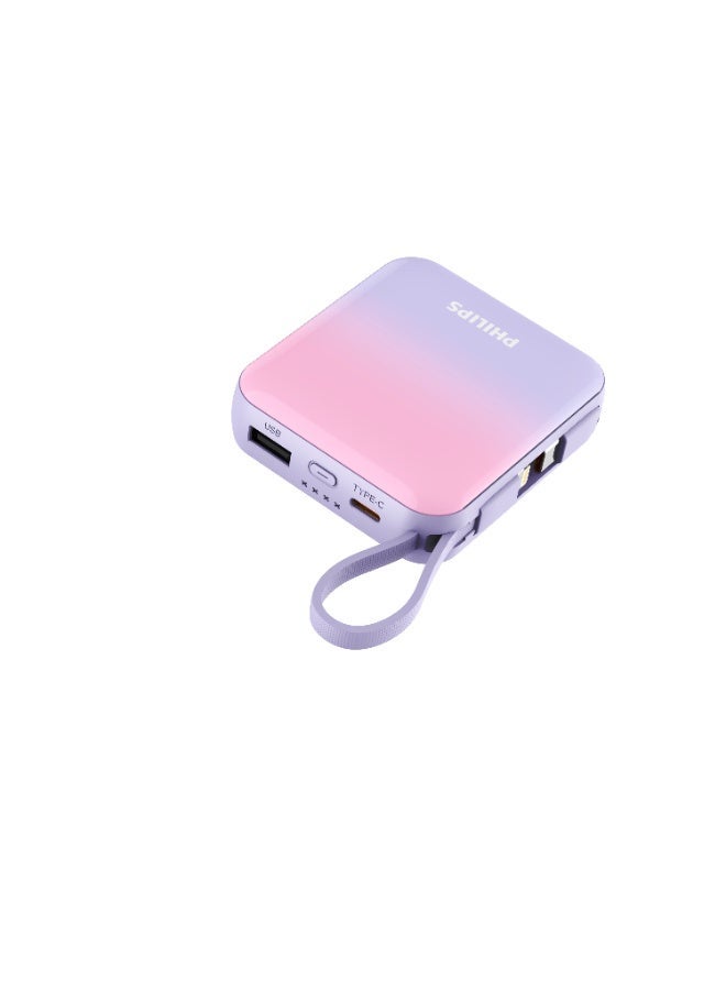 Philips Power Bank 10000mAh, 22.5W PD Fast Charging, Built-in USB-C & Lightning Cables, Compact Travel Charger, LED Display, 6-Layer Protection, Portable Charger for iPhone and Android, DLP5713CW, Pink Purple Pink Purple - Image 3