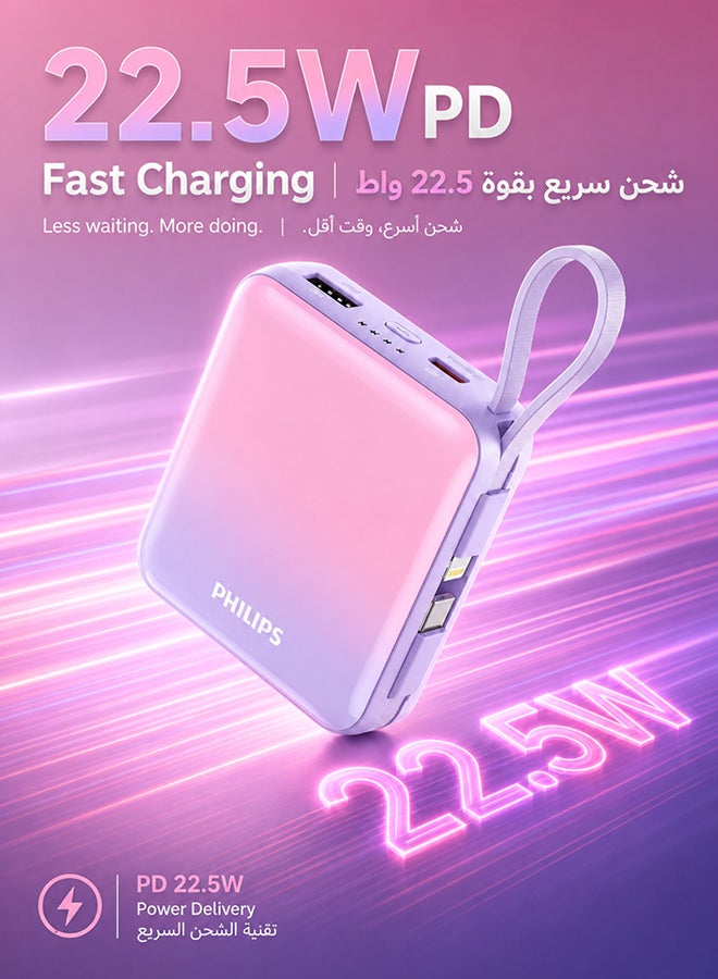 Philips Power Bank 10000mAh, 22.5W PD Fast Charging, Built-in USB-C & Lightning Cables, Compact Travel Charger, LED Display, 6-Layer Protection, Portable Charger for iPhone and Android, DLP5713CW, Pink Purple Pink Purple - Image 5