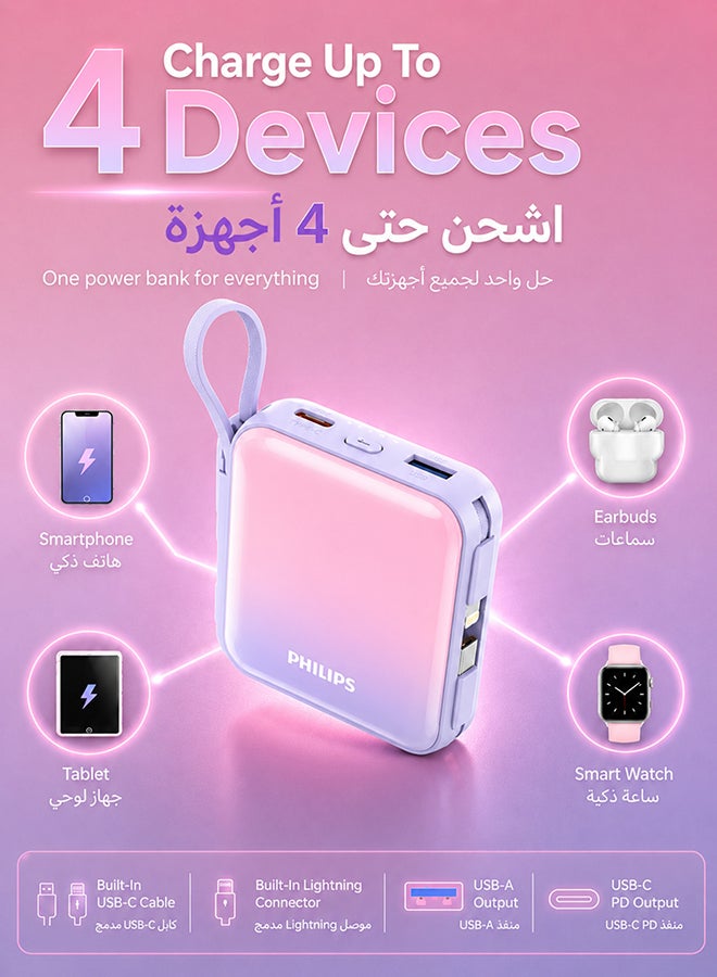 Philips Power Bank 10000mAh, 22.5W PD Fast Charging, Built-in USB-C & Lightning Cables, Compact Travel Charger, LED Display, 6-Layer Protection, Portable Charger for iPhone and Android, DLP5713CW, Pink Purple Pink Purple - Image 3