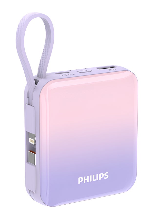 Philips Power Bank 10000mAh, 22.5W PD Fast Charging, Built-in USB-C & Lightning Cables, Compact Travel Charger, LED Display, 6-Layer Protection, Portable Charger for iPhone and Android, DLP5713CW, Pink Purple Pink Purple - Image 1