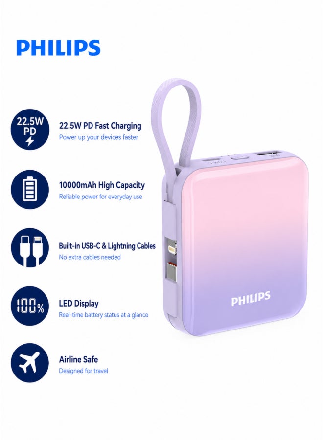 Philips Power Bank 10000mAh, 22.5W PD Fast Charging, Built-in USB-C & Lightning Cables, Compact Travel Charger, LED Display, 6-Layer Protection, Portable Charger for iPhone and Android, DLP5713CW, Pink Purple Pink Purple - Image 1