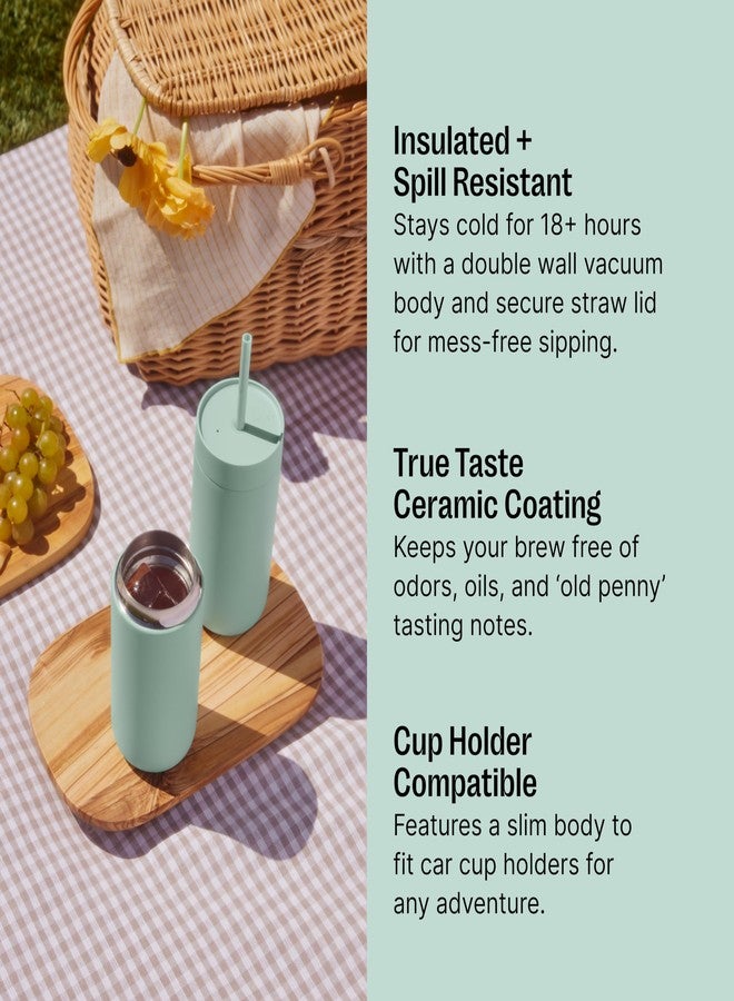 Fellow 20 oz Carter Cold Water Bottle for Water, Iced Tea, Coffee, Smoothies, Iced Coffee & more - Stainless Steel Vacuum-Insulated tumbler with Spill Resistant lid and straw - Smoke Green - Image 3