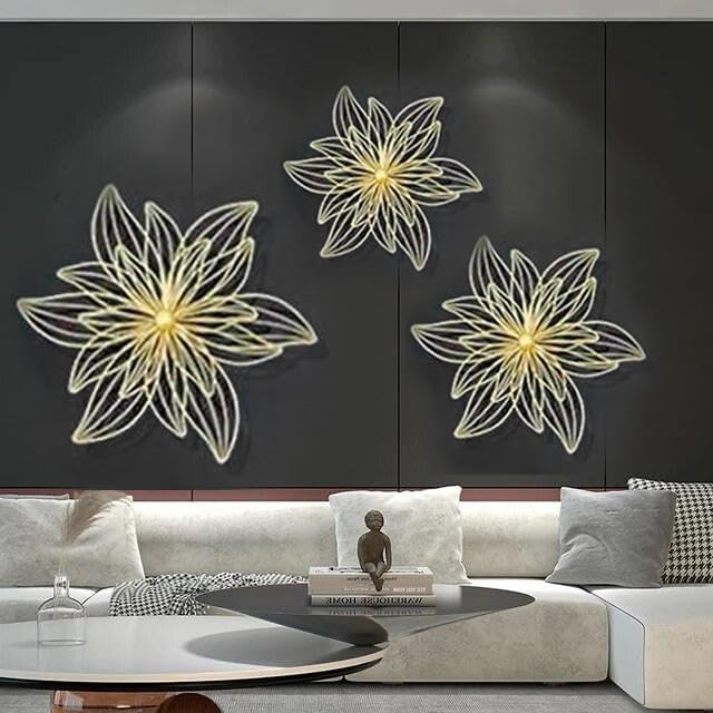 Bee Creative Gold Metal Wall Decor Three Piece Wall Art Metal Flower Wall Decor Sculpture For Living Room Bedroom Elegant Floral Hanging Home Decor (TRIANGLE WALL ART SET 3) - Image 2