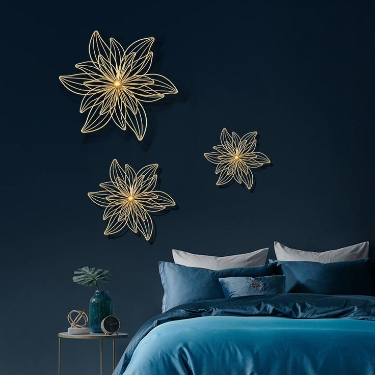 Bee Creative Gold Metal Wall Decor Three Piece Wall Art Metal Flower Wall Decor Sculpture For Living Room Bedroom Elegant Floral Hanging Home Decor (TRIANGLE WALL ART SET 3) - Image 3