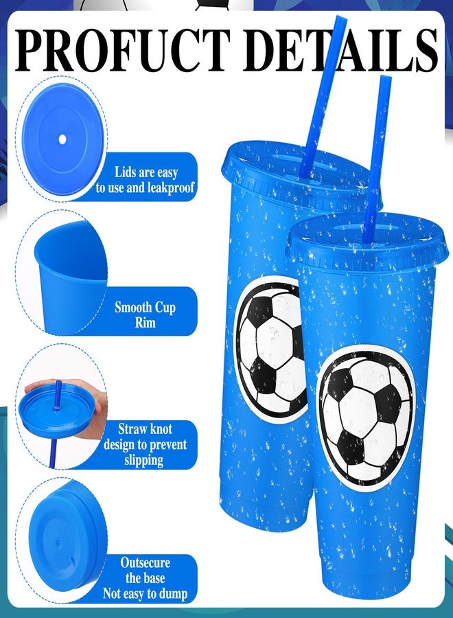 Domensi 12 Pcs Sport Soccer Plastic Cups with Lid and Straw 24 oz Reusable Plastic Cups Coffee Tumblers Gift for Fan Friend Guest Birthday Office Sport Party Supplies (Blue) - Image 3