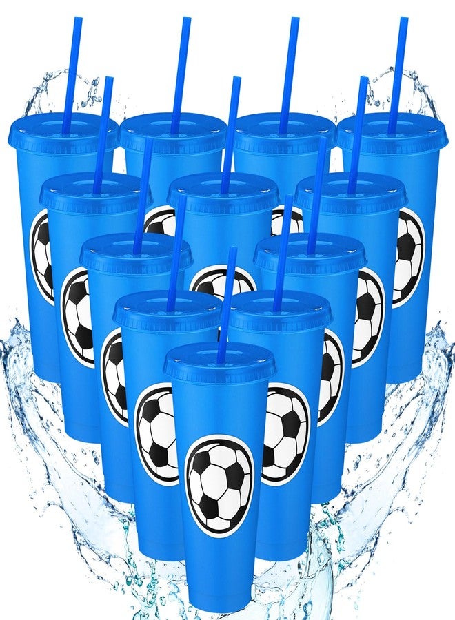Domensi 12 Pcs Sport Soccer Plastic Cups with Lid and Straw 24 oz Reusable Plastic Cups Coffee Tumblers Gift for Fan Friend Guest Birthday Office Sport Party Supplies (Blue) - Image 1