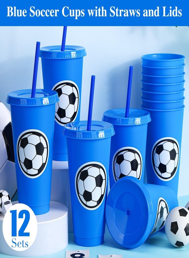 Domensi 12 Pcs Sport Soccer Plastic Cups with Lid and Straw 24 oz Reusable Plastic Cups Coffee Tumblers Gift for Fan Friend Guest Birthday Office Sport Party Supplies (Blue) - Image 4
