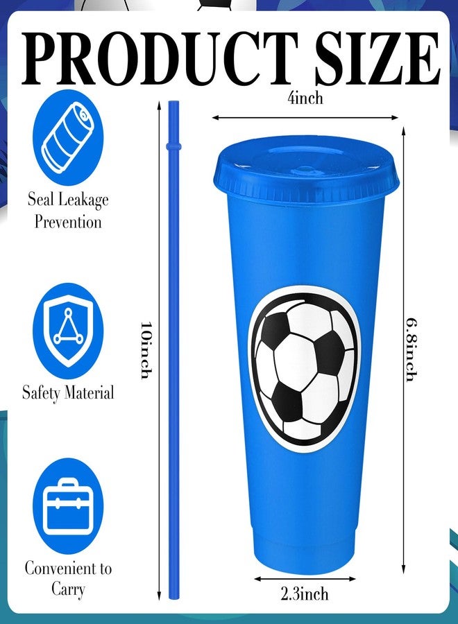 Domensi 12 Pcs Sport Soccer Plastic Cups with Lid and Straw 24 oz Reusable Plastic Cups Coffee Tumblers Gift for Fan Friend Guest Birthday Office Sport Party Supplies (Blue) - Image 2