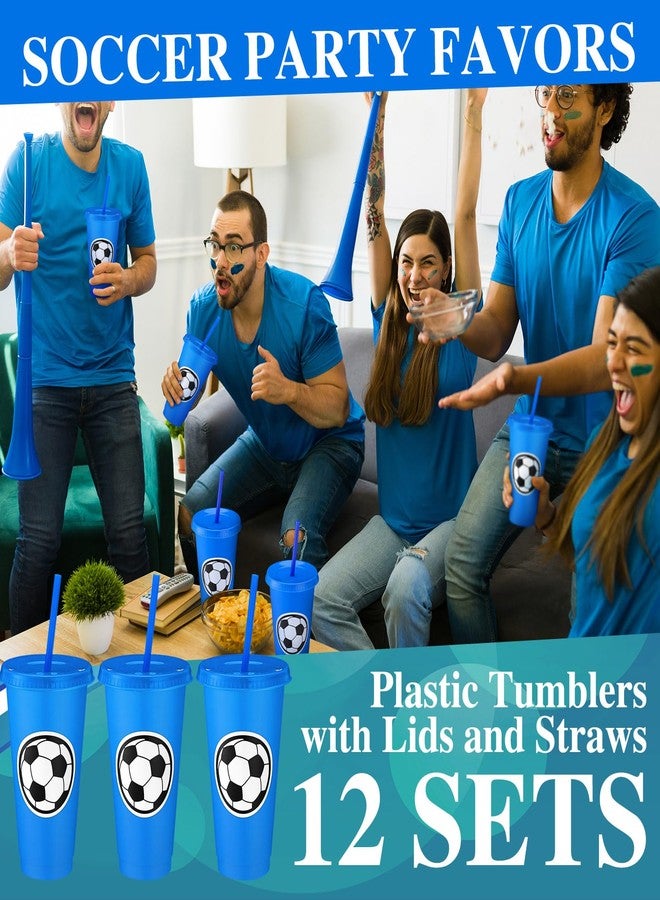 Domensi 12 Pcs Sport Soccer Plastic Cups with Lid and Straw 24 oz Reusable Plastic Cups Coffee Tumblers Gift for Fan Friend Guest Birthday Office Sport Party Supplies (Blue) - Image 5
