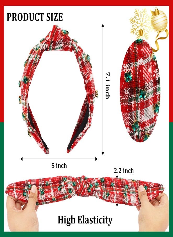 Cubaco 2 Pcs Christmas Headbands for Women Pearl Rhinestone Knot Headband Crystal Jeweled Hair Band Wide Top Knotted Headband Christmas Hair Accessories Holiday Party Outfits Decorations(Snowflake Plaid) - Image 4