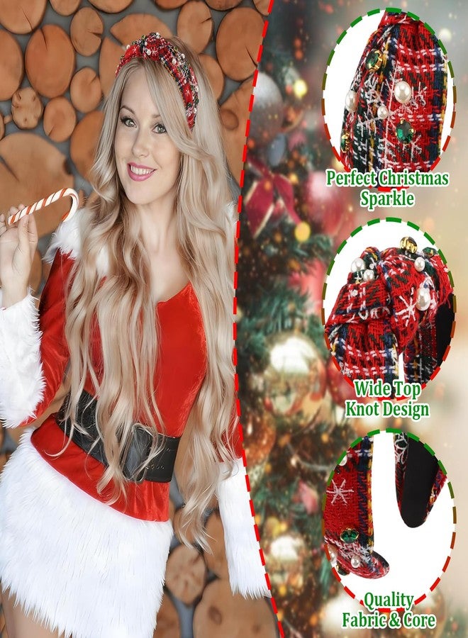 Cubaco 2 Pcs Christmas Headbands for Women Pearl Rhinestone Knot Headband Crystal Jeweled Hair Band Wide Top Knotted Headband Christmas Hair Accessories Holiday Party Outfits Decorations(Snowflake Plaid) - Image 3