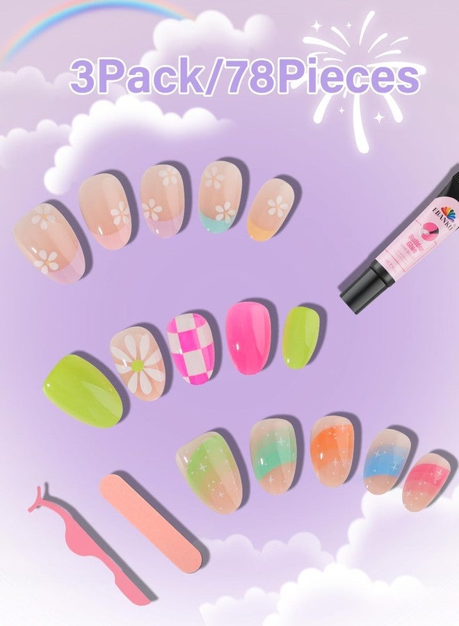 TOROKOM 78PCS Press on Nails for Kids, TOROKOM Cute Kids Fake Nails Flower Kid Glue on Nail Short Almond False Nail Art Gift for Girls Children 8-12 Age with Nail Adhesive Tab & Quick-dry Nail Glue (3 Pack) - Image 5