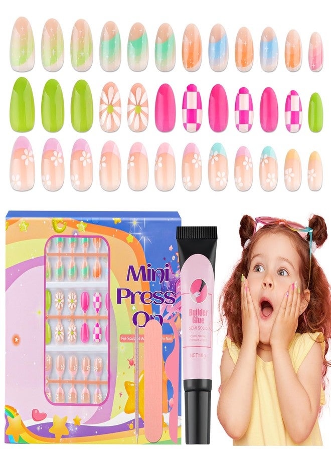 TOROKOM 78PCS Press on Nails for Kids, TOROKOM Cute Kids Fake Nails Flower Kid Glue on Nail Short Almond False Nail Art Gift for Girls Children 8-12 Age with Nail Adhesive Tab & Quick-dry Nail Glue (3 Pack) - Image 1