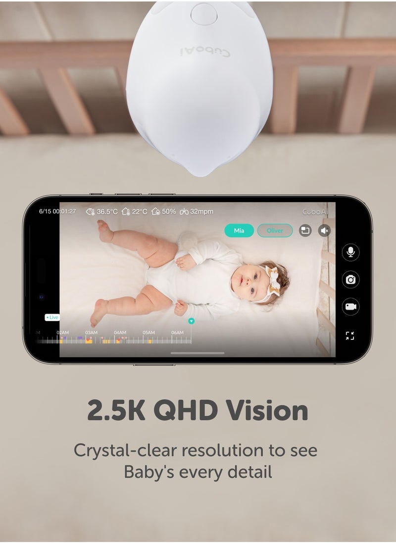 CuboAi Smart Baby Monitor 3 with Floor Stand, 2.5K QHD Night Vision WiFi Camera, 2-Way Audio, Temperature & Humidity Sensor, Lullabies, Sleep Safety Alerts for Covered Face, App Control