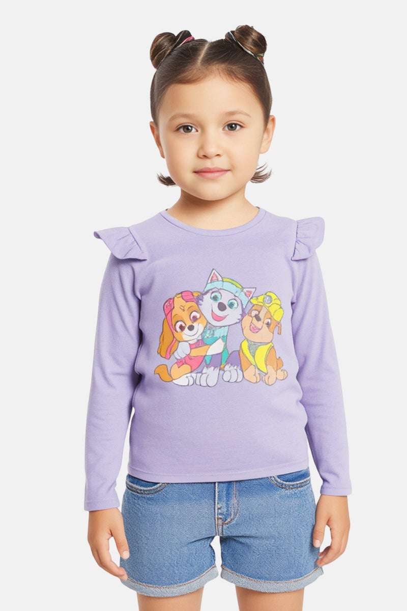 NAME IT بلوزة طويلة الأكمام بنقشة جرافيك للبنات، عنق دائري، بنفسجي - Image 1