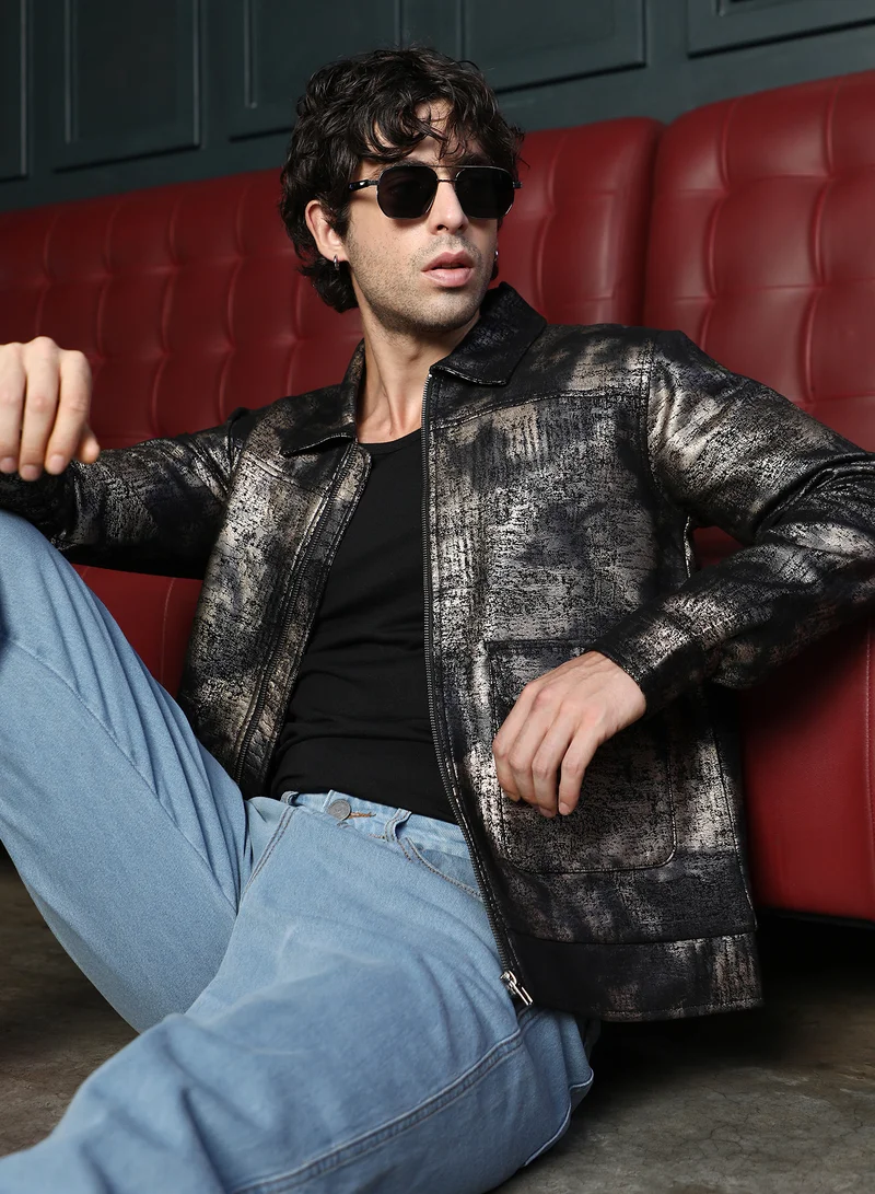 كامبوس سوترا Men Reptilia-Jacquard Zip-Front Jacket | Point Collar, Long Button-Cuff Sleeves | Zipper , Band-Straight Hem | Abstract Print Jacquard Woven Fabric For Casual & Daily Wear | Black