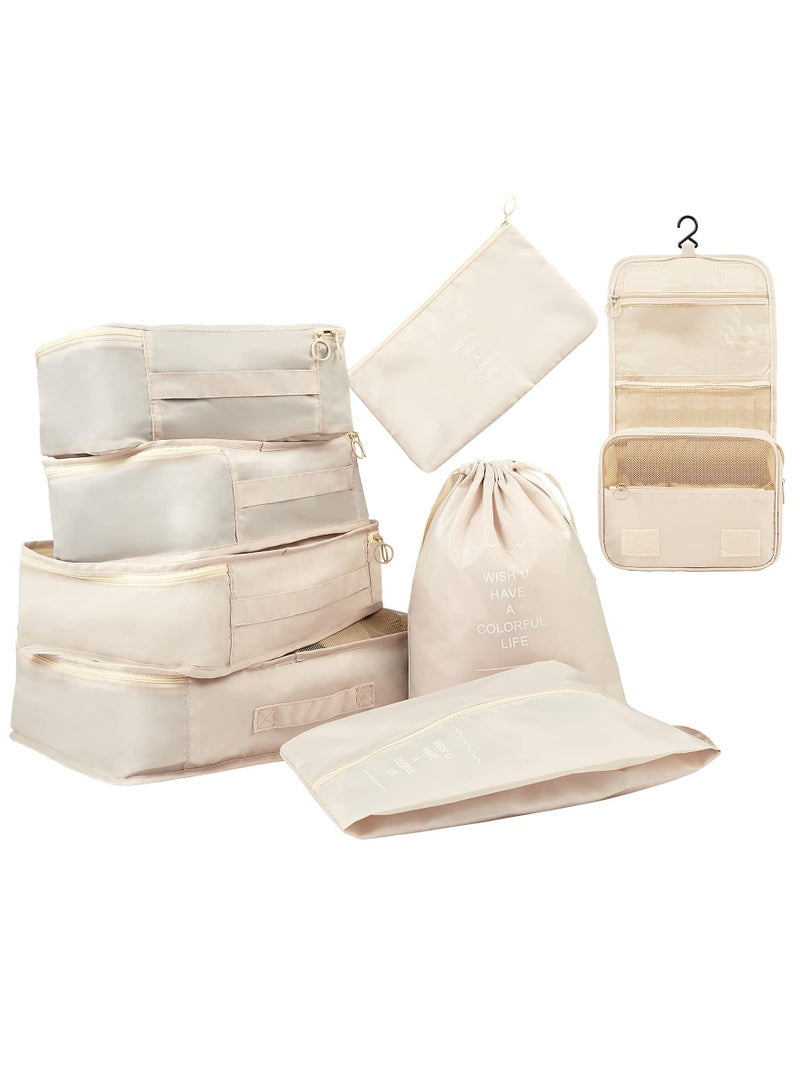 Travel Packing Cubes Set of 8 with Toiletry Bag and Shoe Bag, Made from Durable Waterproof Fabric for Organized Luggage - Beige Travel Accessories. - Image 1