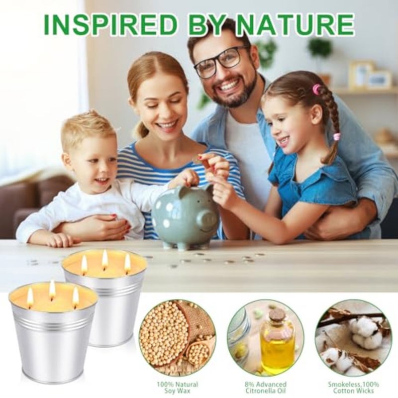 Natural Soy Wax Scented Candle Patio Yard Balcony Camping BBQ Diwali Ramadan Gatherings 2 Pack 20oz 3 Wick Citronella Candle Lemongrass Fragrance Infused Jar Candle 200 Hours Burn Time Candles Outd - Image 2