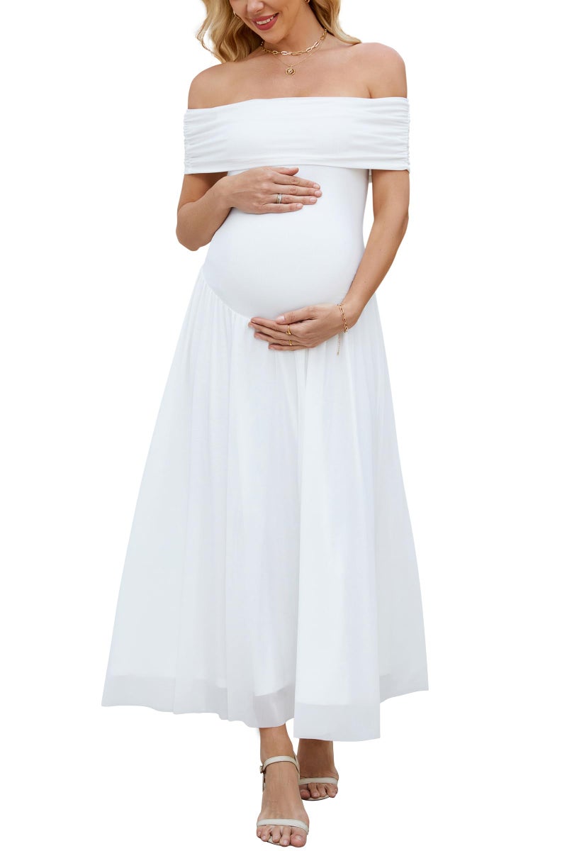 OUGES Women's 2026 Summer Spring Off The Shoulder Mesh Maxi Maternity Baby Shower Dresses for Photoshoot Party Wedding Guest Sleeveless Pleated Formal Long Flowy Pregnancy Must Have Clothes(White,S) - Image 1