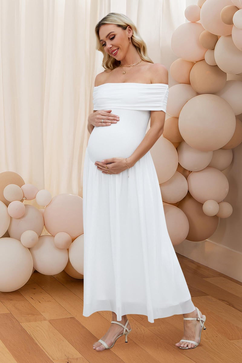 OUGES Women's 2026 Summer Spring Off The Shoulder Mesh Maxi Maternity Baby Shower Dresses for Photoshoot Party Wedding Guest Sleeveless Pleated Formal Long Flowy Pregnancy Must Have Clothes(White,S) - Image 3