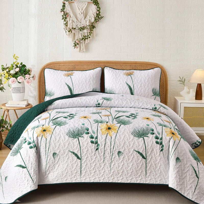 Dinjoy Olive Green Floral Quilt Set Queen Size,3 Pieces Reversible Floral Bedspread Set,Soft Microfiber Farmhouse Coverlet Set for All Seasons - Image 1
