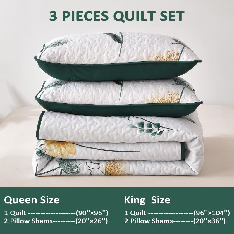 Dinjoy Olive Green Floral Quilt Set Queen Size,3 Pieces Reversible Floral Bedspread Set,Soft Microfiber Farmhouse Coverlet Set for All Seasons - Image 5