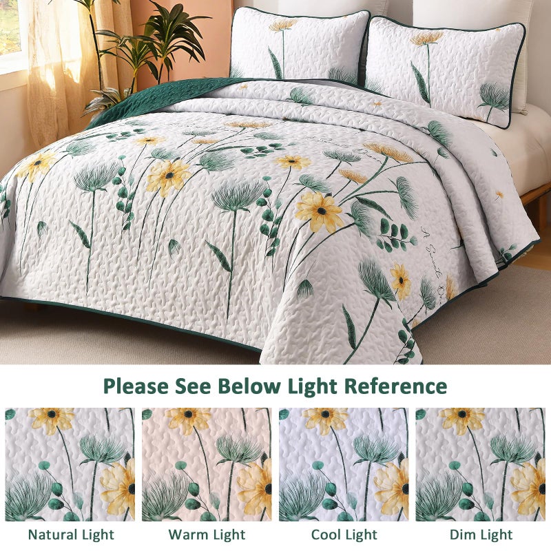 Dinjoy Olive Green Floral Quilt Set Queen Size,3 Pieces Reversible Floral Bedspread Set,Soft Microfiber Farmhouse Coverlet Set for All Seasons - Image 3