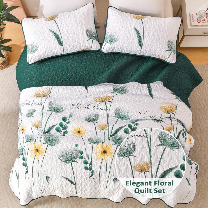Dinjoy Olive Green Floral Quilt Set Queen Size,3 Pieces Reversible Floral Bedspread Set,Soft Microfiber Farmhouse Coverlet Set for All Seasons - Image 2