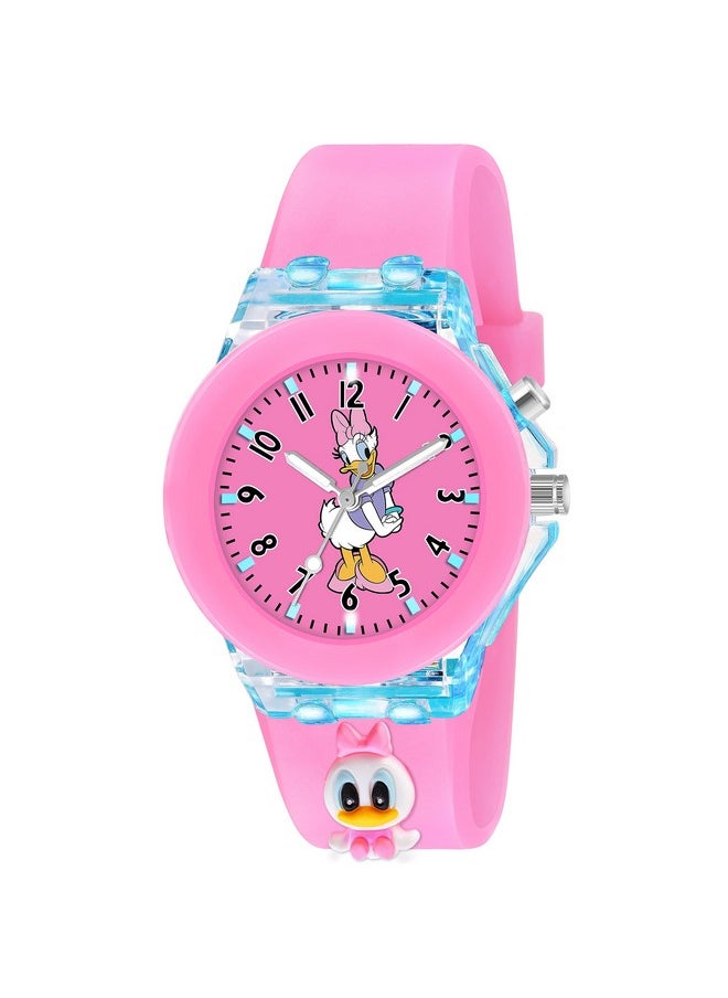 Shocknshop Shocknshop Nylon 3D Cartoon Analouge With 7 Color Glowing Disco Light Unisex Analogue Watch For Kids Girls And Boys (Pink Dial Duck), Pink Band  - Image 1