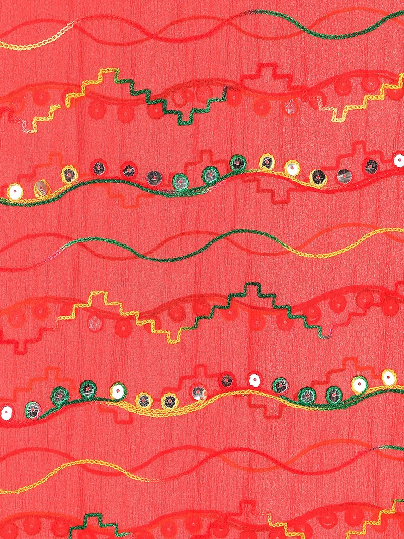 جلو باص شال نسائي مطرز باللون الأحمر من جلوبس بشريط احتفالي من الشيفون