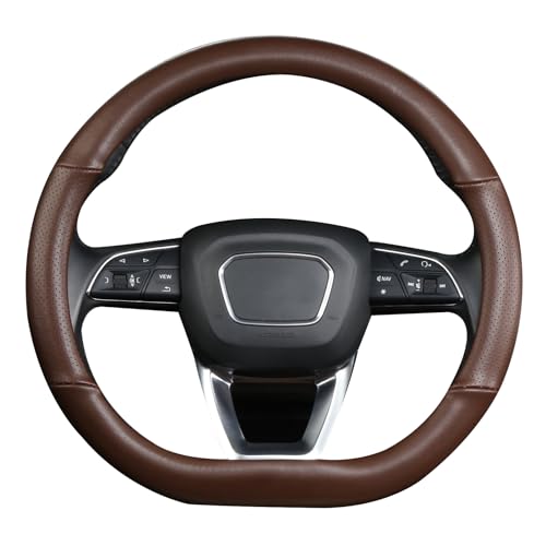 Cxtiy D Shaped Steering Wheel Cover, Genuine Leather Flat Bottom Stearing Wheel Cover Luxury Car Accessories 14 1/2-15 inch (Brown) - Image 1