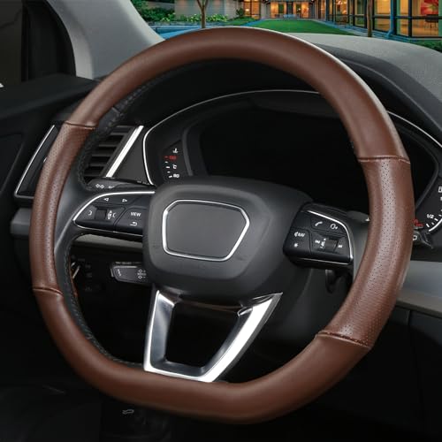 Cxtiy D Shaped Steering Wheel Cover, Genuine Leather Flat Bottom Stearing Wheel Cover Luxury Car Accessories 14 1/2-15 inch (Brown) - Image 3