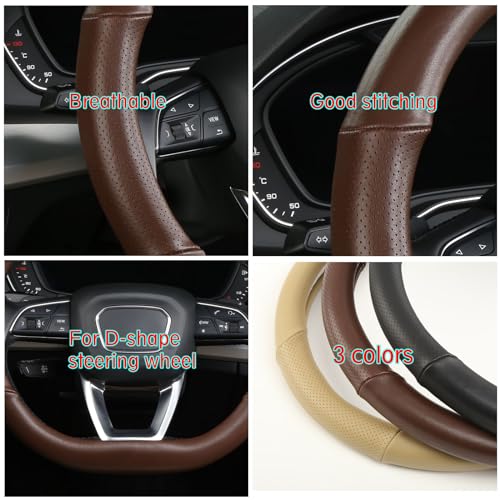 Cxtiy D Shaped Steering Wheel Cover, Genuine Leather Flat Bottom Stearing Wheel Cover Luxury Car Accessories 14 1/2-15 inch (Brown) - Image 5