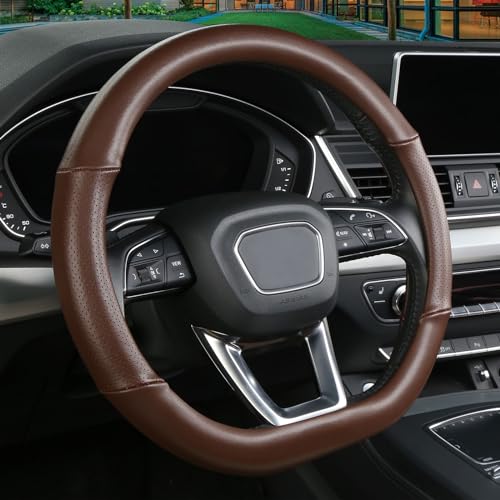 Cxtiy D Shaped Steering Wheel Cover, Genuine Leather Flat Bottom Stearing Wheel Cover Luxury Car Accessories 14 1/2-15 inch (Brown) - Image 2