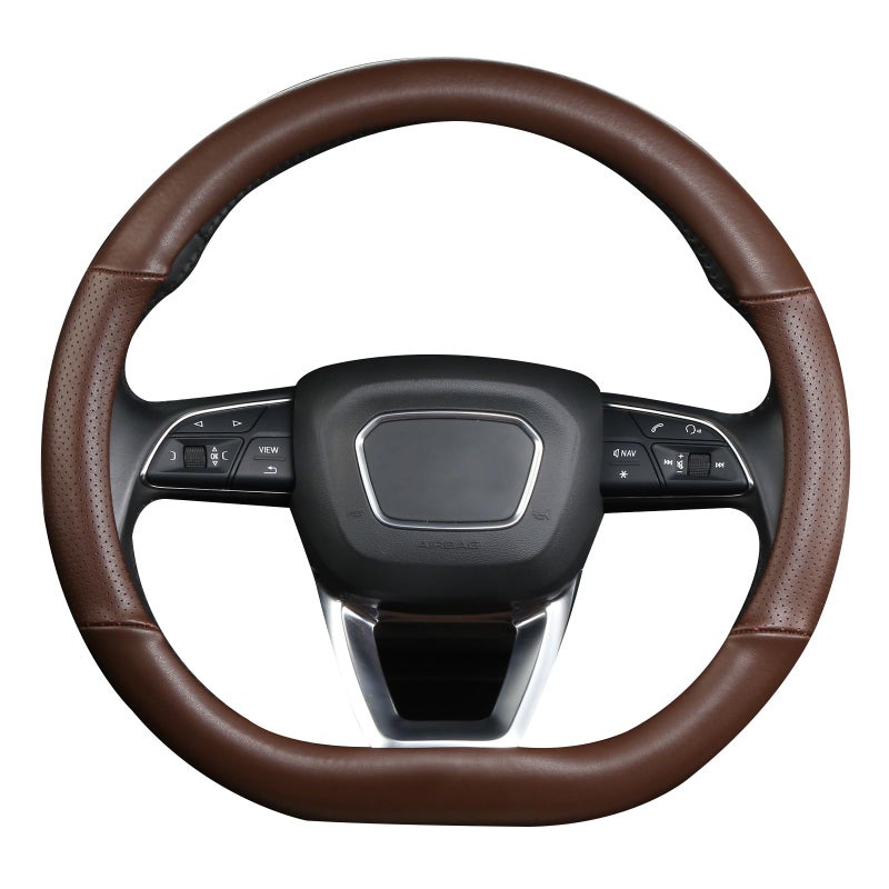 Cxtiy D Shaped Steering Wheel Cover, Genuine Leather Flat Bottom Stearing Wheel Cover Luxury Car Accessories 14 1/2-15 inch (Brown) - Image 4