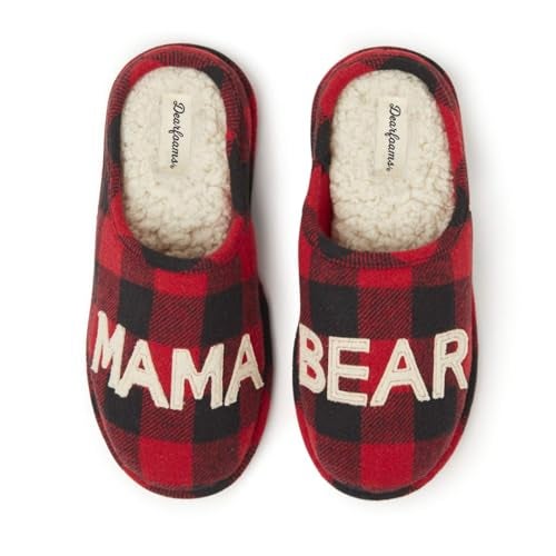 Dearfoams Women's Gifts for Mom Cute Cozy Mothers Day Mama Bear Slipper, Buffalo Plaid, 11-12 - Image 1