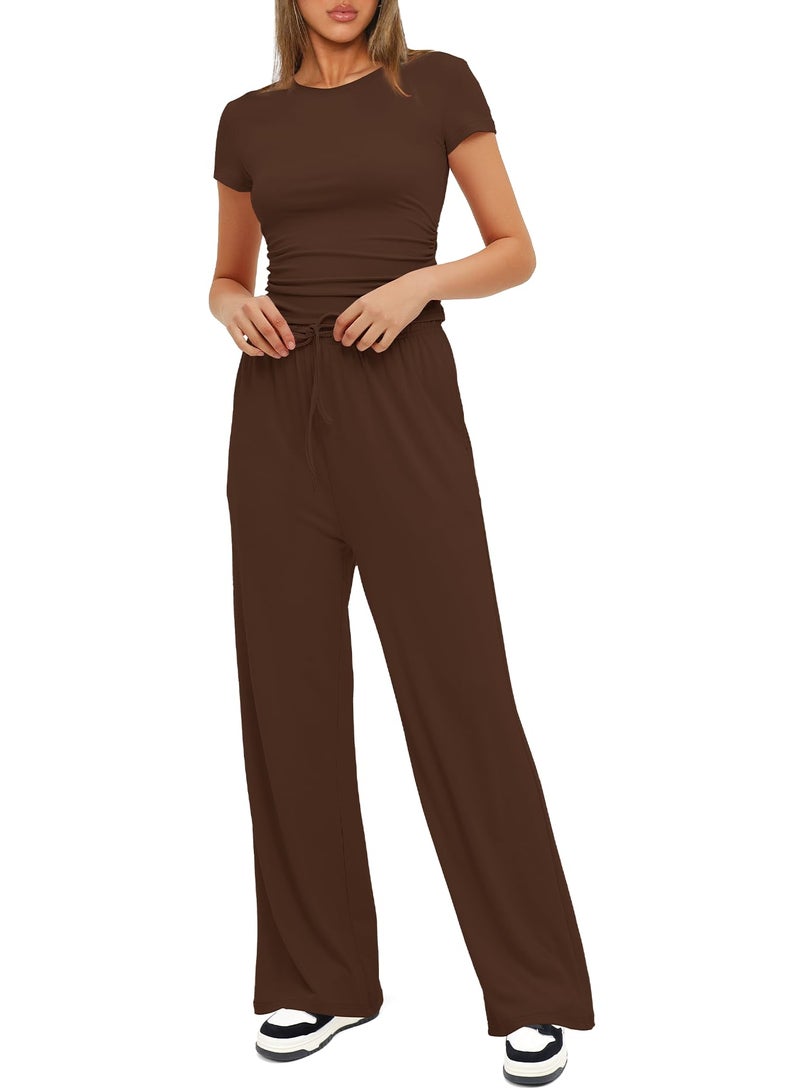 Darong Women's 2 Piece Set Outfits Lounge Sets Ruched Short Sleeve Tops High Waisted Wide Leg Pants Tracksuit Sets 9042A(inseam28-29) Coffee S - Image 4