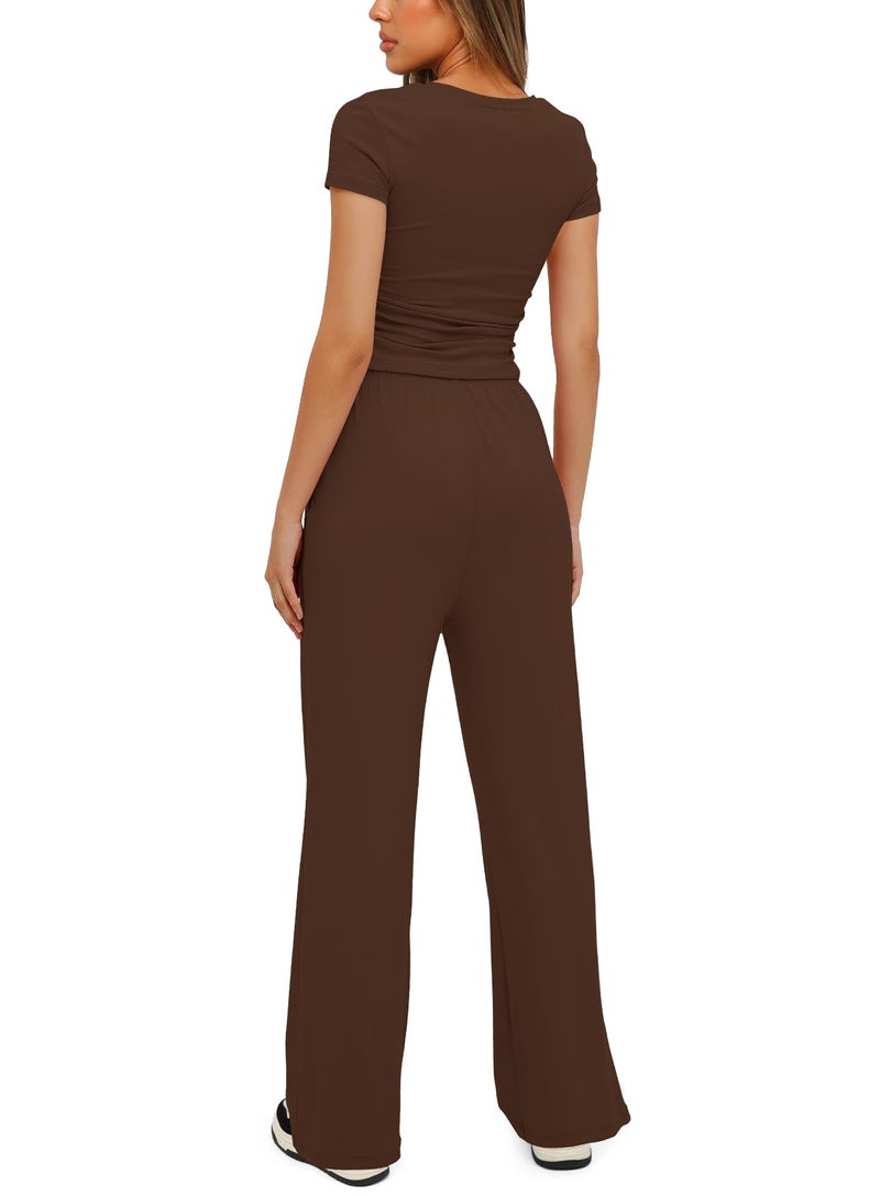 Darong Women's 2 Piece Set Outfits Lounge Sets Ruched Short Sleeve Tops High Waisted Wide Leg Pants Tracksuit Sets 9042A(inseam28-29) Coffee S - Image 2