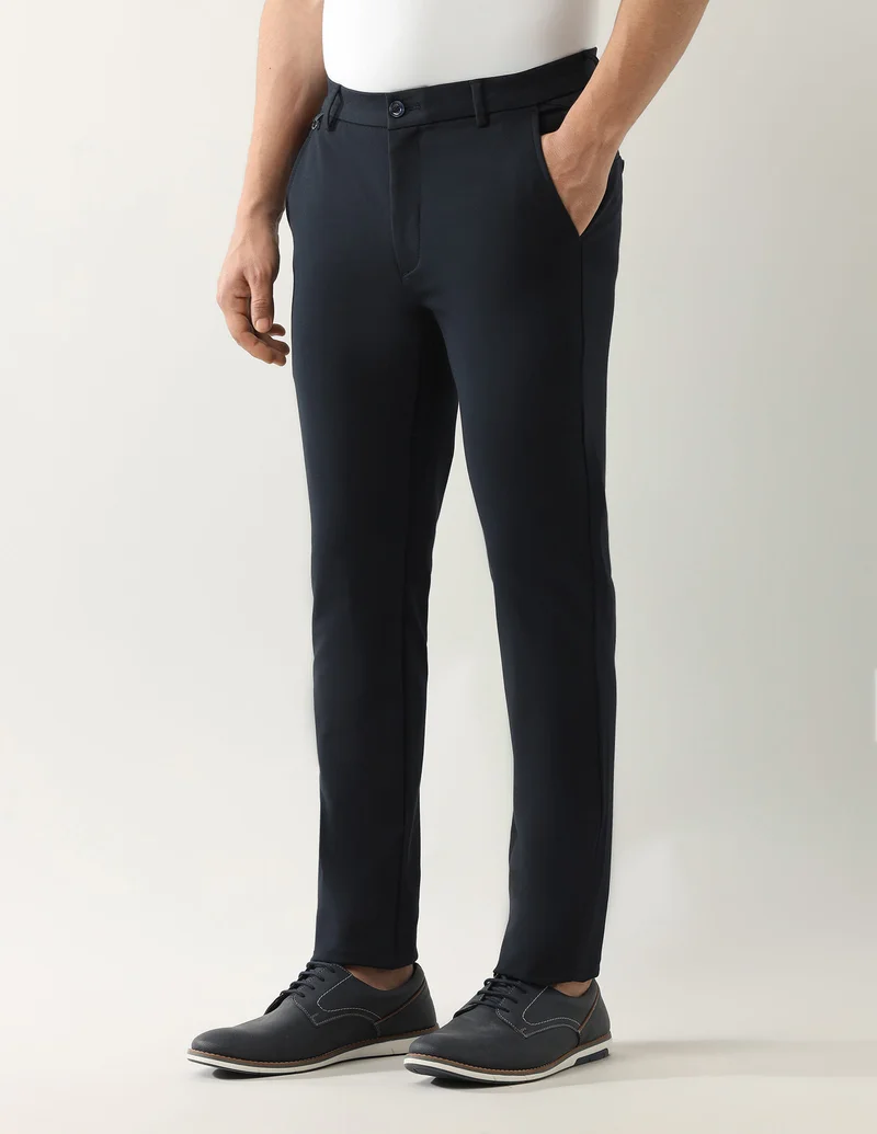 Arrow Navy Solid Mid Rise Autoflex Trousers for Men | Best Price UAE