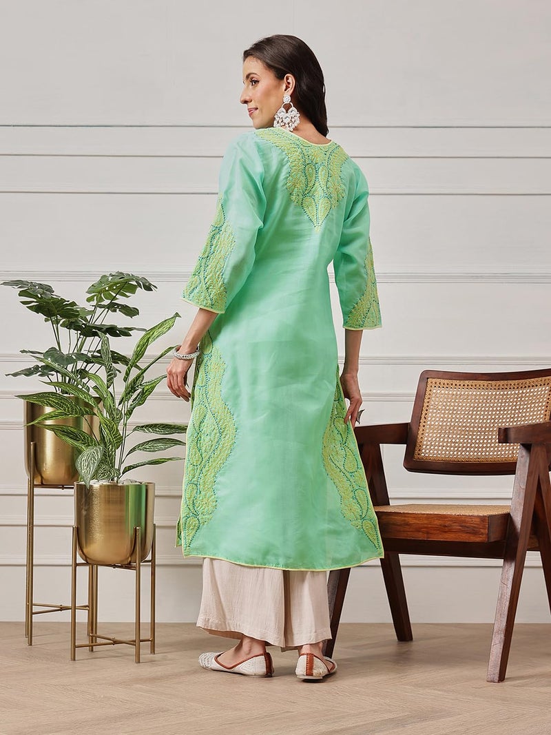Ada Lucknowi Hand Embroidered Chikankari Cotton Kurta Kurti Tunic for Women A253605 (Sea Green, M) - Image 2