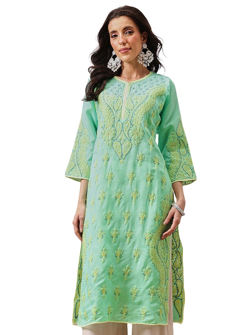 Ada Lucknowi Hand Embroidered Chikankari Cotton Kurta Kurti Tunic for Women A253605 (Sea Green, M) - Image 1