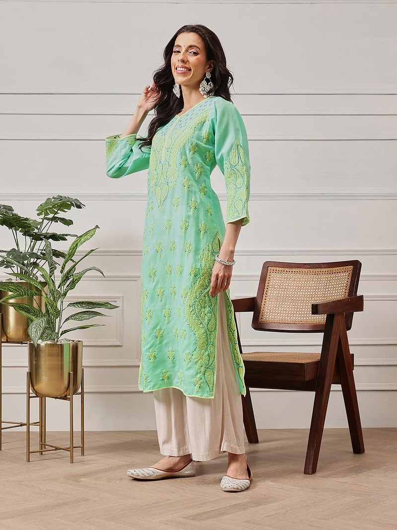 Ada Lucknowi Hand Embroidered Chikankari Cotton Kurta Kurti Tunic for Women A253605 (Sea Green, M) - Image 4