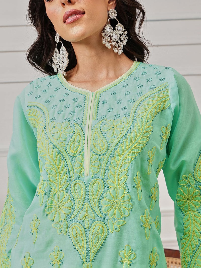 Ada Lucknowi Hand Embroidered Chikankari Cotton Kurta Kurti Tunic for Women A253605 (Sea Green, M) - Image 5