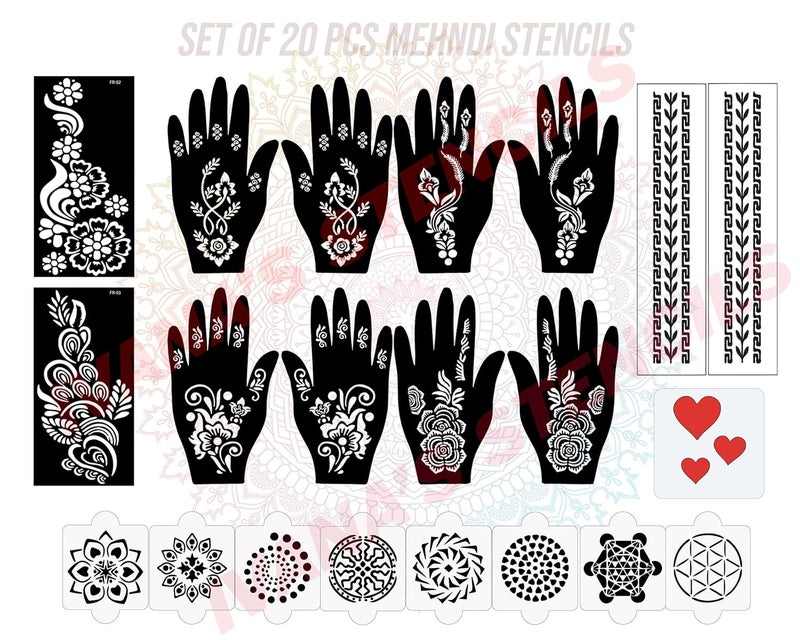ivana's Ivanas Set of 20 Pcs Combo Pack Reusable Mehandi Design Sticker Stencils For Both Hand  Mehendi Temporary Tattoo  Quick And Easy To Use For Girls Women Kids  Teen D2053 - Image 1